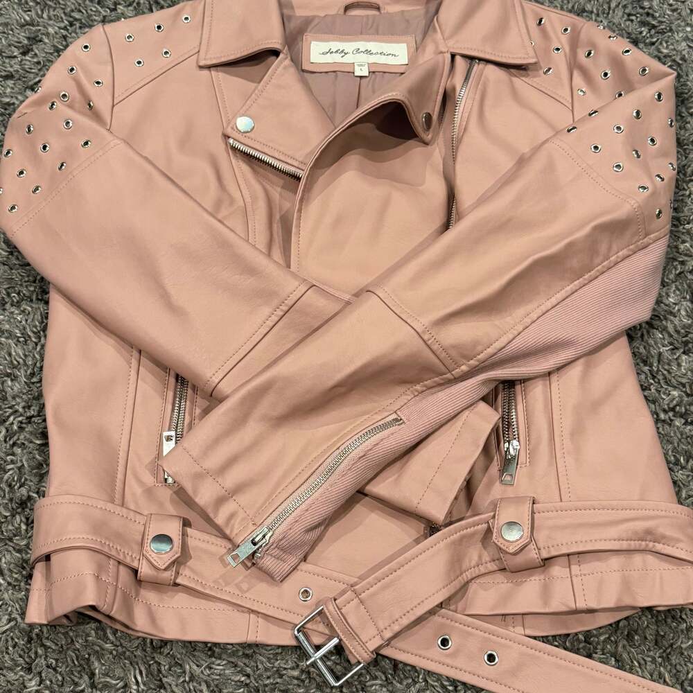 Sebby Collection Blush Faux Leather Moto Jacket with Studs